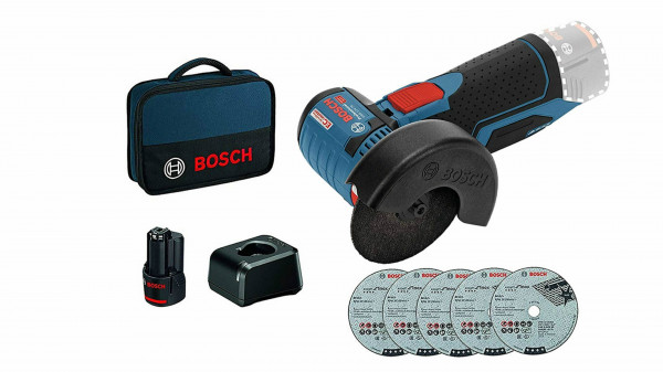 BOSCH Akku-Winkelschleifer GWS 12V-76 m.Tasche + 5 Trennscheiben