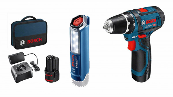 BOSCH Akku-Bohrschrauber 12V-15 + LED-Lampe GLI 12V-300 2x2.0Ah Akku in Tasche
